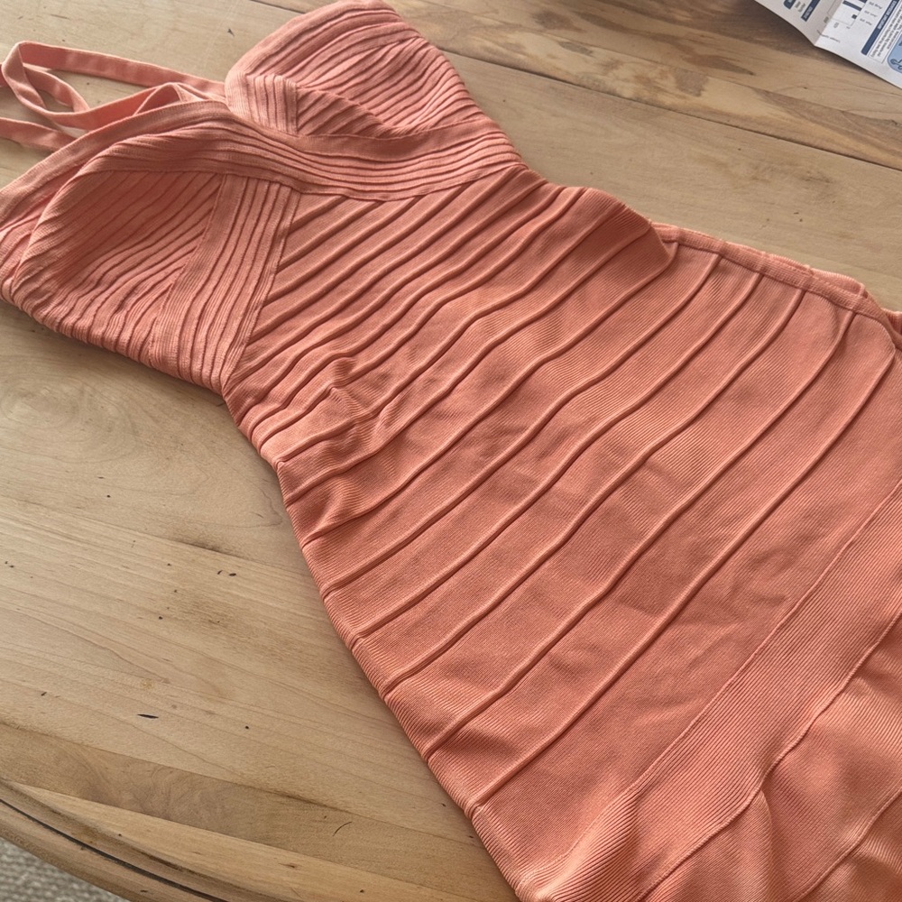 Herve Leger by Max Aria Alissa Bandage Dress Peach Coral Strappy Dress - Picture 7 of 7